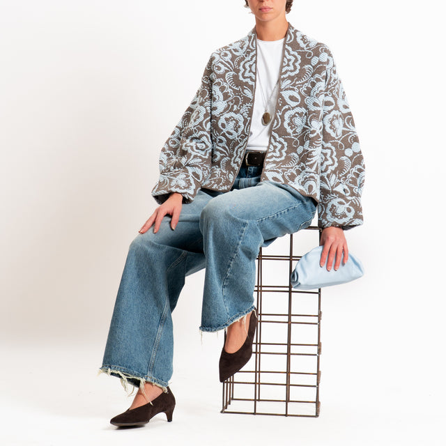 Motel-Cardigan misto alpaca fantasia floreale - fango/celeste