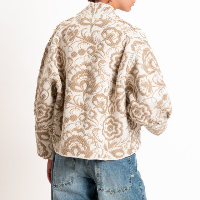 Motel-Cardigan misto alpaca fantasia floreale - panna/cammello