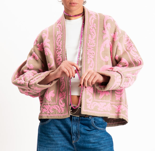 Motel-Cardigan jacquard misto alpaca - mastice/rosa