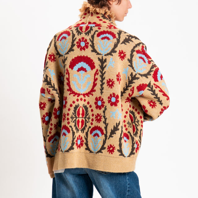 Motel-Cardigan fantasia etnica misto alpaca - cammello/sky/rosso