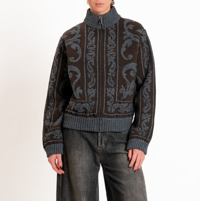 Alpaca-blend bomber jacket with pattern - dark brown/grey