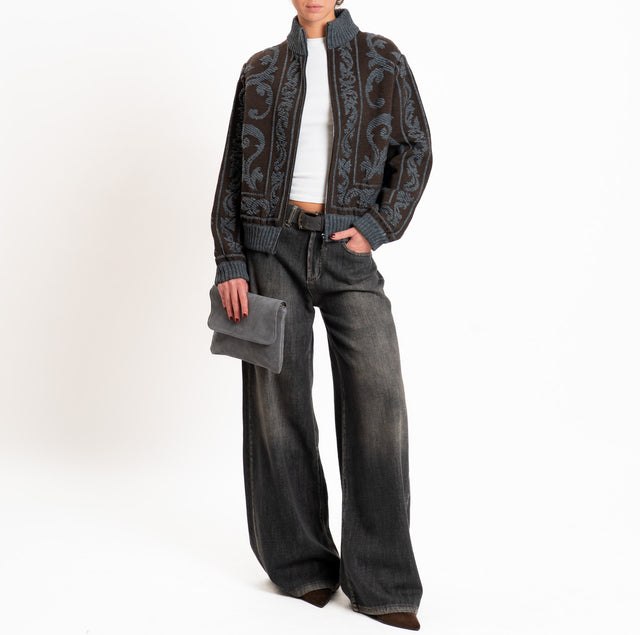 Alpaca-blend bomber jacket with pattern - dark brown/grey