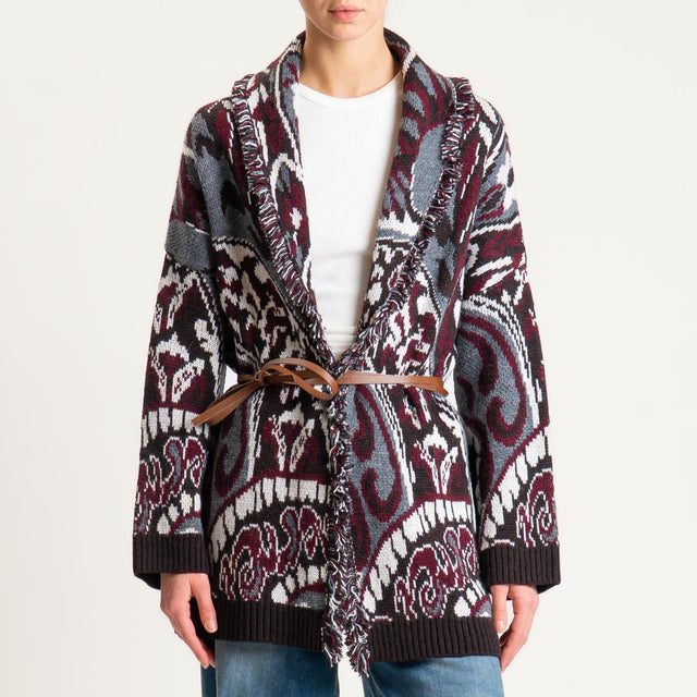 Philia Loft-Cardigan jaquard con cintura - bordeaux/grigio/moro