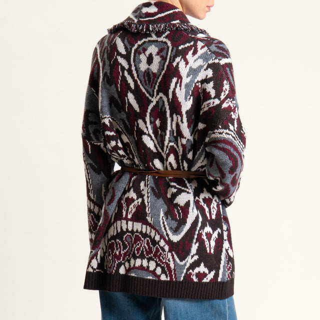 Philia Loft-Cardigan jaquard con cintura - bordeaux/grigio/moro