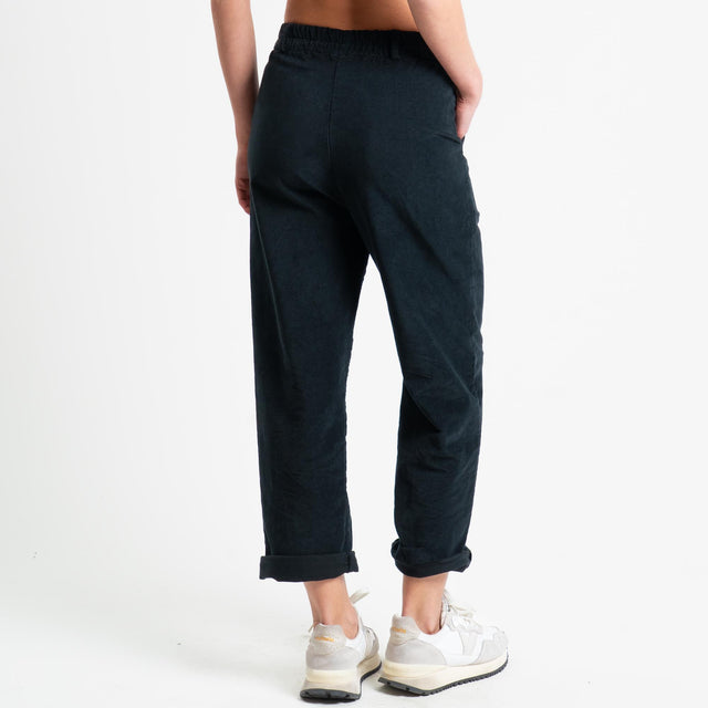 Philia Loft-Pantalone velluto diagonale elasticizzato con elastico in vita - Nero