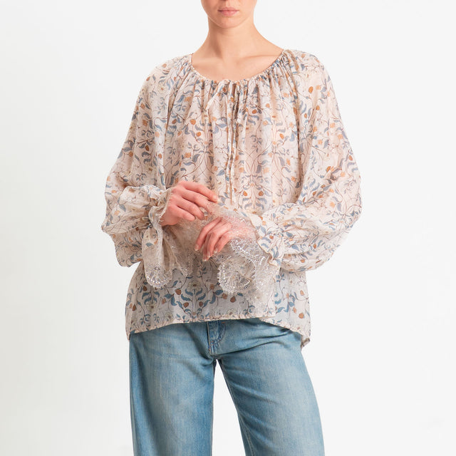Philia Loft-Blusa mussola fantasia floreale - sand/avio/cuoio