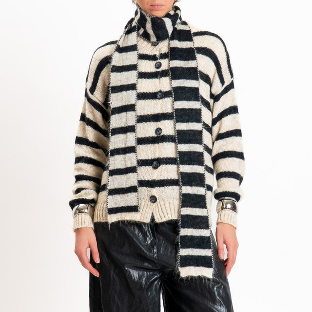 Philia loft-Cardigan mohair a righe con sciarpa - panna/nero