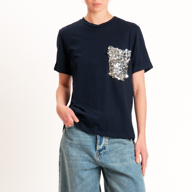 Motel-T-shirt con taschino maxi paillettes - blu