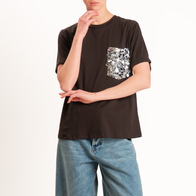 Motel-T-shirt con taschino maxi paillettes - moro