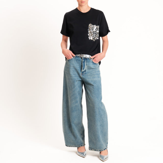 Motel-T-shirt con taschino maxi paillettes - nero