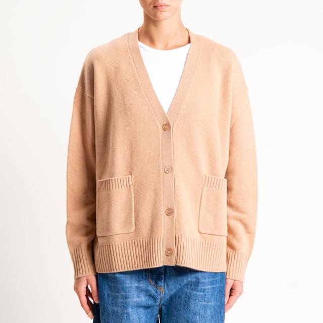 Souvenir-Cardigan scatola con tasche 100% lana - cammello