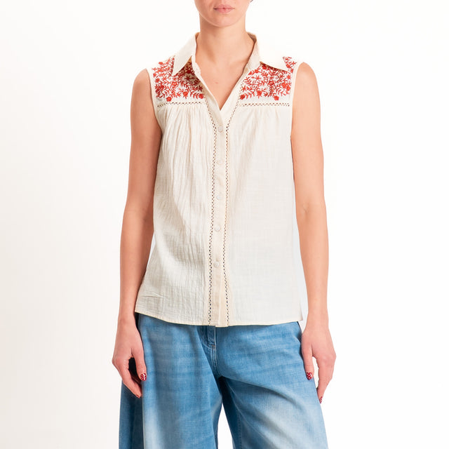 Souvenir-Camicia smanicata con ricami - burro