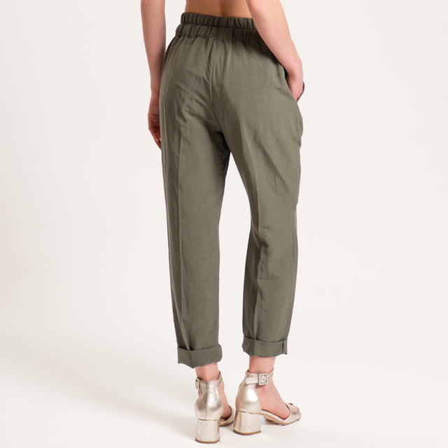 Souvenir-Pantalone misto lino elastico in vita - militare