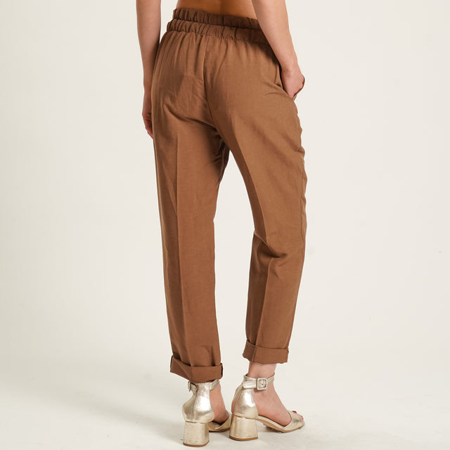 Souvenir-Pantalone misto lino elastico in vita - tabacco