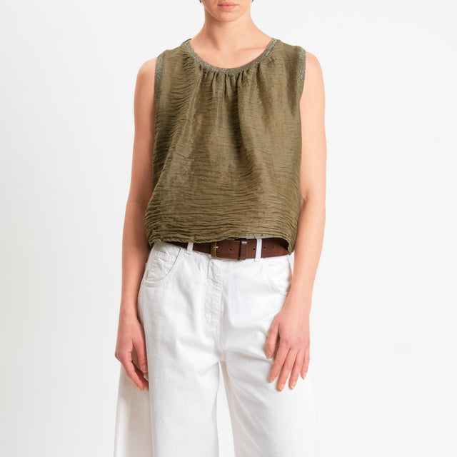 Souvenir-Top goffrato misto lino bordi lurex - militare
