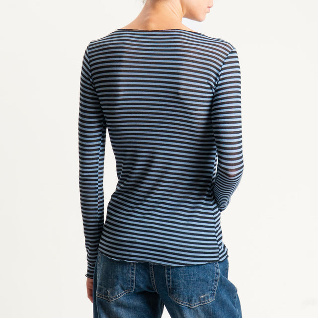 Tensione in-T-shirt a righe misto cashmere scollo taglio vivo - avio/nero