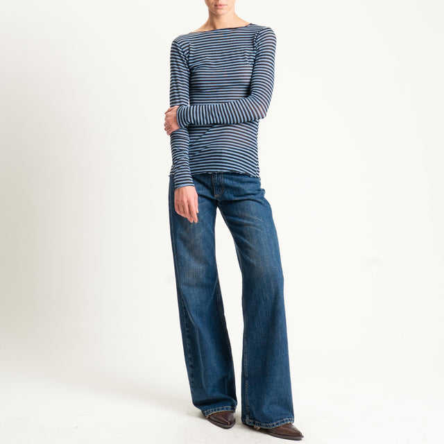 Tensione in-T-shirt a righe misto cashmere scollo taglio vivo - avio/nero