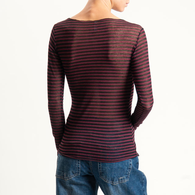 Tensione in-T-shirt a righe misto cashmere scollo taglio vivo - bordeaux/nero