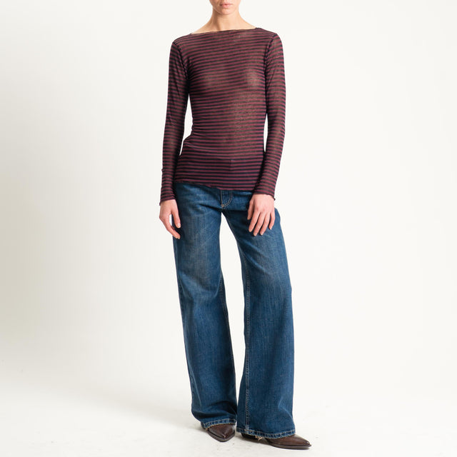 Tensione in-T-shirt a righe misto cashmere scollo taglio vivo - bordeaux/nero