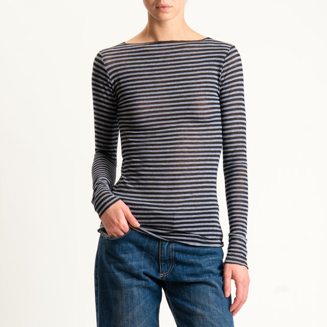 Tensione in-T-shirt a righe misto cashmere scollo taglio vivo - grigio melange/nero