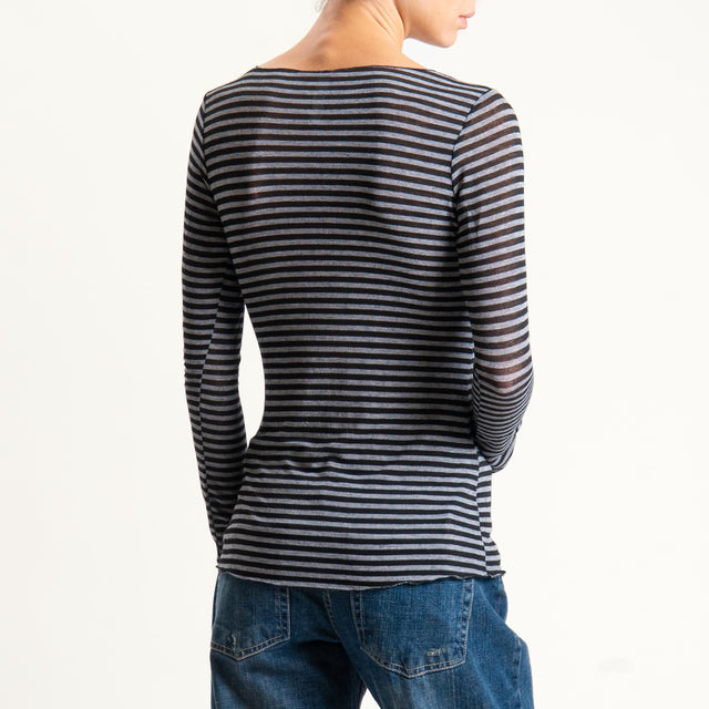 Tensione in-T-shirt a righe misto cashmere scollo taglio vivo - grigio melange/nero