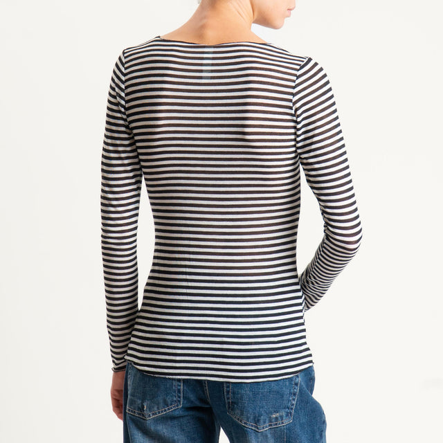 Tensione in-T-shirt a righe misto cashmere scollo taglio vivo - latte/nero