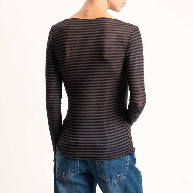 Tensione in-T-shirt a righe misto cashmere scollo taglio vivo - moka/nero
