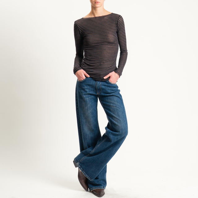 Tensione in-T-shirt a righe misto cashmere scollo taglio vivo - moka/nero
