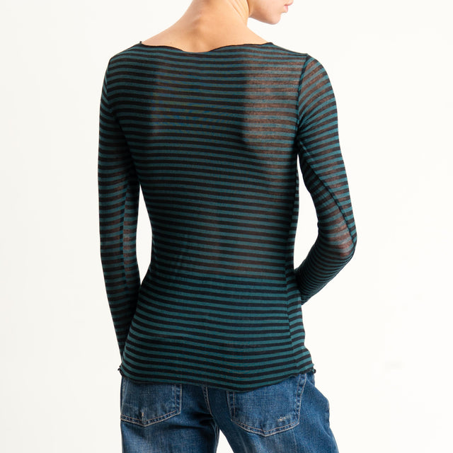 Tensione in-T-shirt a righe misto cashmere scollo taglio vivo- verde/nero