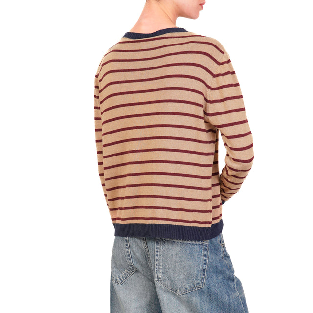 Tension in- Striped Cashmere Blend Sweater - Blue/Camel/Wine