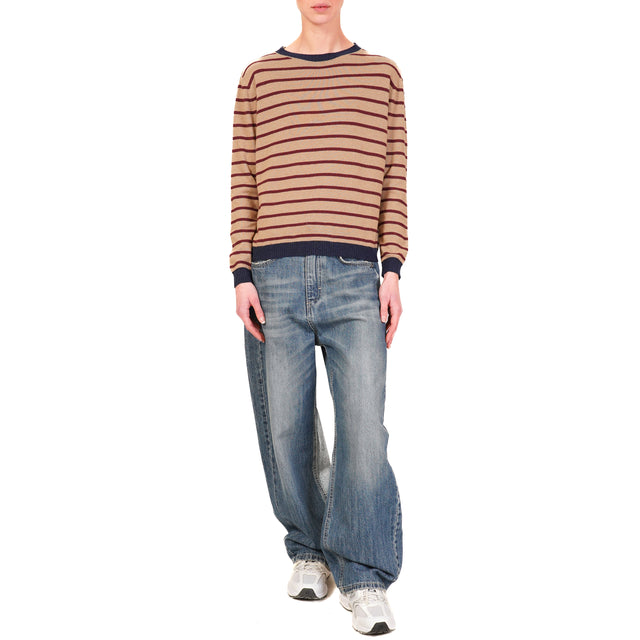 Tension in- Striped Cashmere Blend Sweater - Blue/Camel/Wine