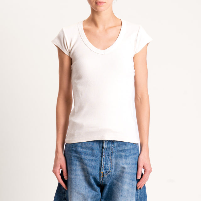 Tensione in-T-shirt scollo v a costine - burro