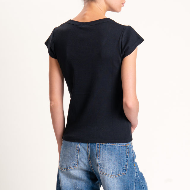 Tensione in-T-shirt scollo v a costine - nero