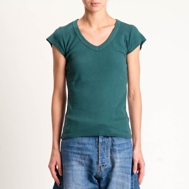 Tensione in-T-shirt scollo v a costine - verde bottiglia