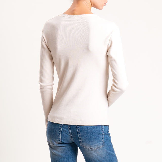 Tensione in-T-shirt scollo v a costine maniche lunghe - burro