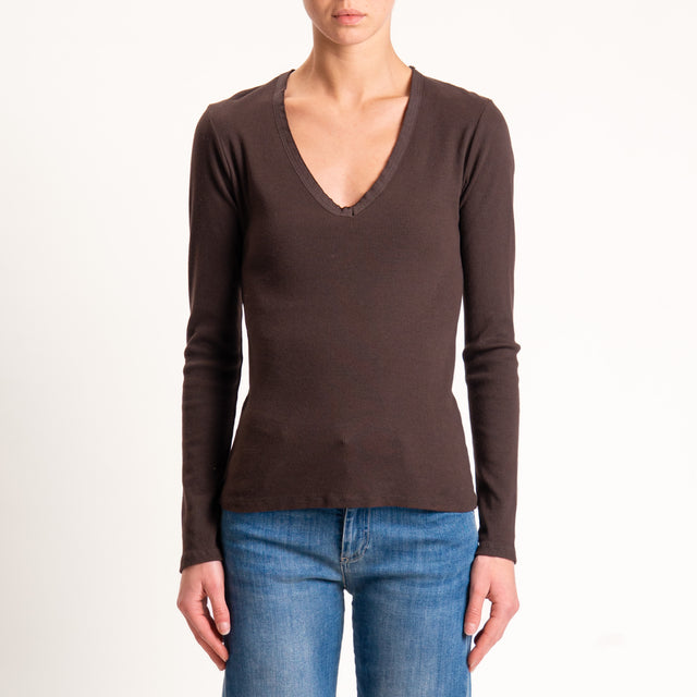 Tensione in-T-shirt scollo v a costine maniche lunghe - moro