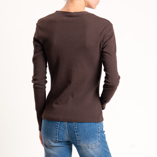 Tensione in-T-shirt scollo v a costine maniche lunghe - moro