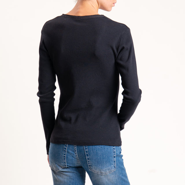 Tensione in-T-shirt scollo v a costine maniche lunghe - nero