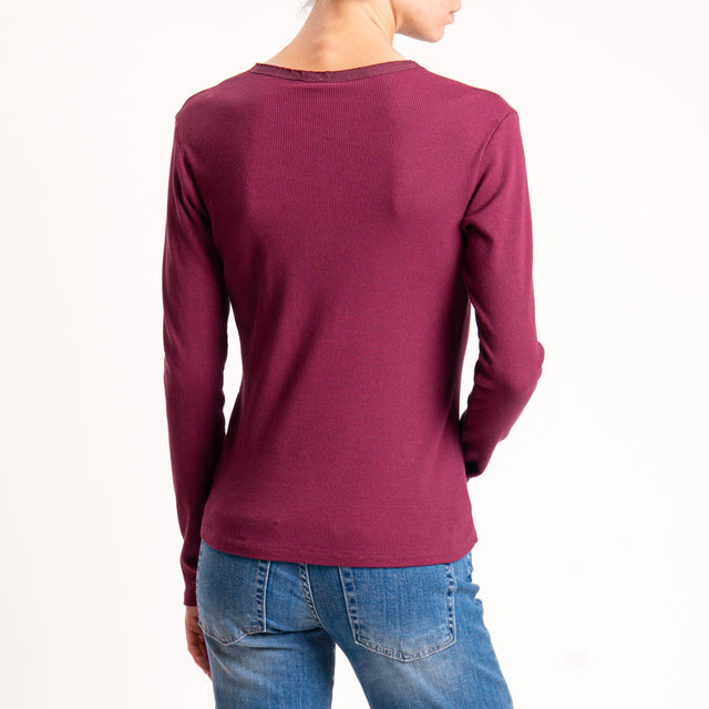 Tensione in-T-shirt scollo v a costine maniche lunghe - vino