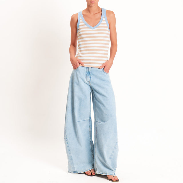 Tensione in-Top righe scollo v elasticizzato - azzurro/beige/burro