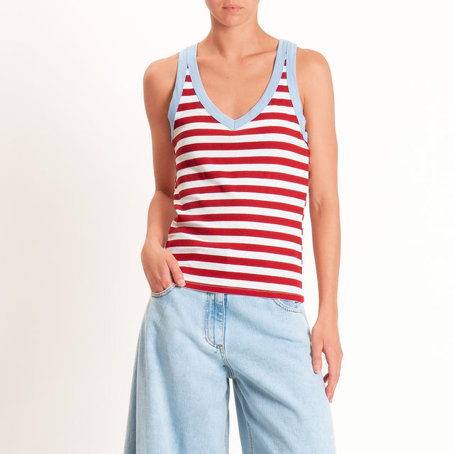 Tensione in-Top righe scollo v elasticizzato - azzurro/india/burro