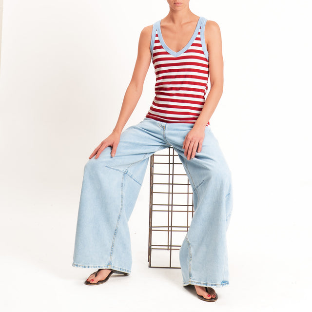 Tensione in-Top righe scollo v elasticizzato - azzurro/india/burro