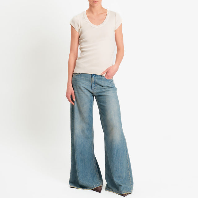 Tensione in-T-shirt scollo v a costine - burro