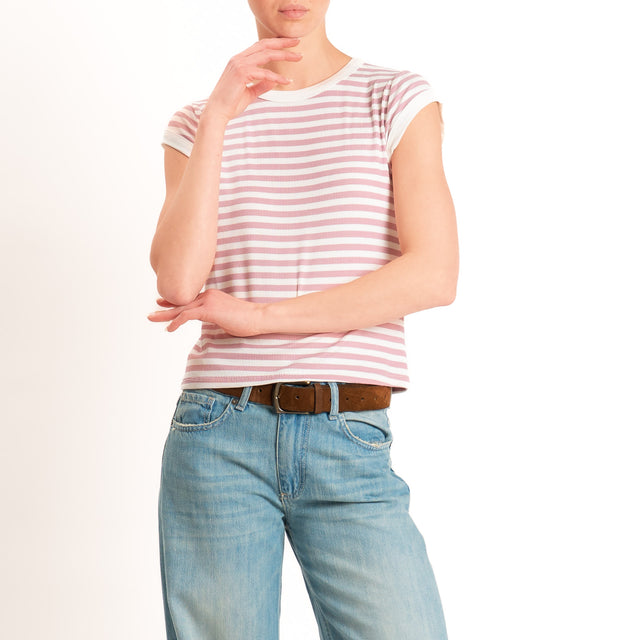 Tensione in-T-shirt costine a righe - panna/rosa
