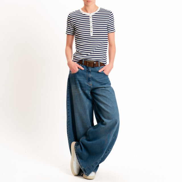 Tensione in-T-shirt righe serafino a costine - panna/blu