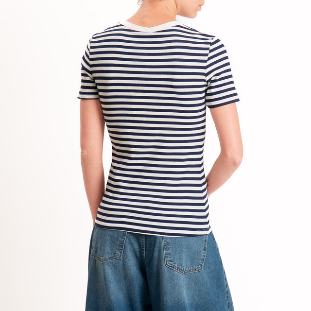 Tensione in-T-shirt righe serafino a costine - panna/blu