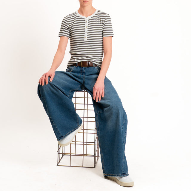 Tensione in-T-shirt righe serafino a costine - panna/militare