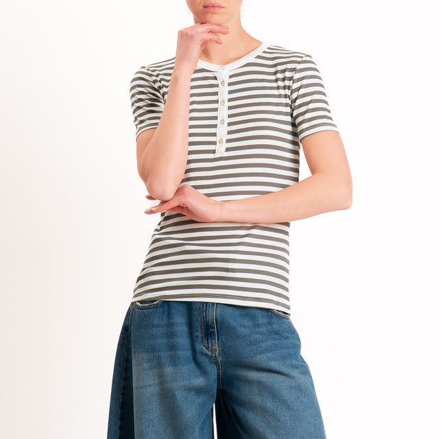 Tensione in-T-shirt righe serafino a costine - panna/militare
