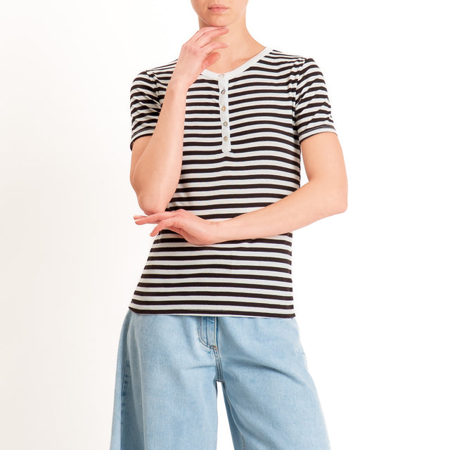 Tensione in-T-shirt righe serafino a costine - panna/moro