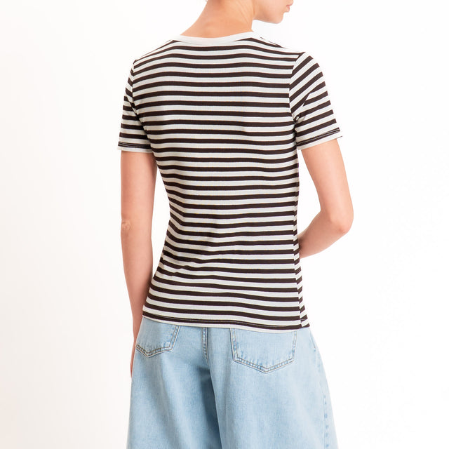Tensione in-T-shirt righe serafino a costine - panna/moro